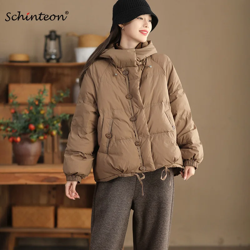 

Schinteon Women's White Duck Down Jacket with Hood Casual Loose Over Size Autumn Winter Warm Outwear Coat Solid Color 2026 New