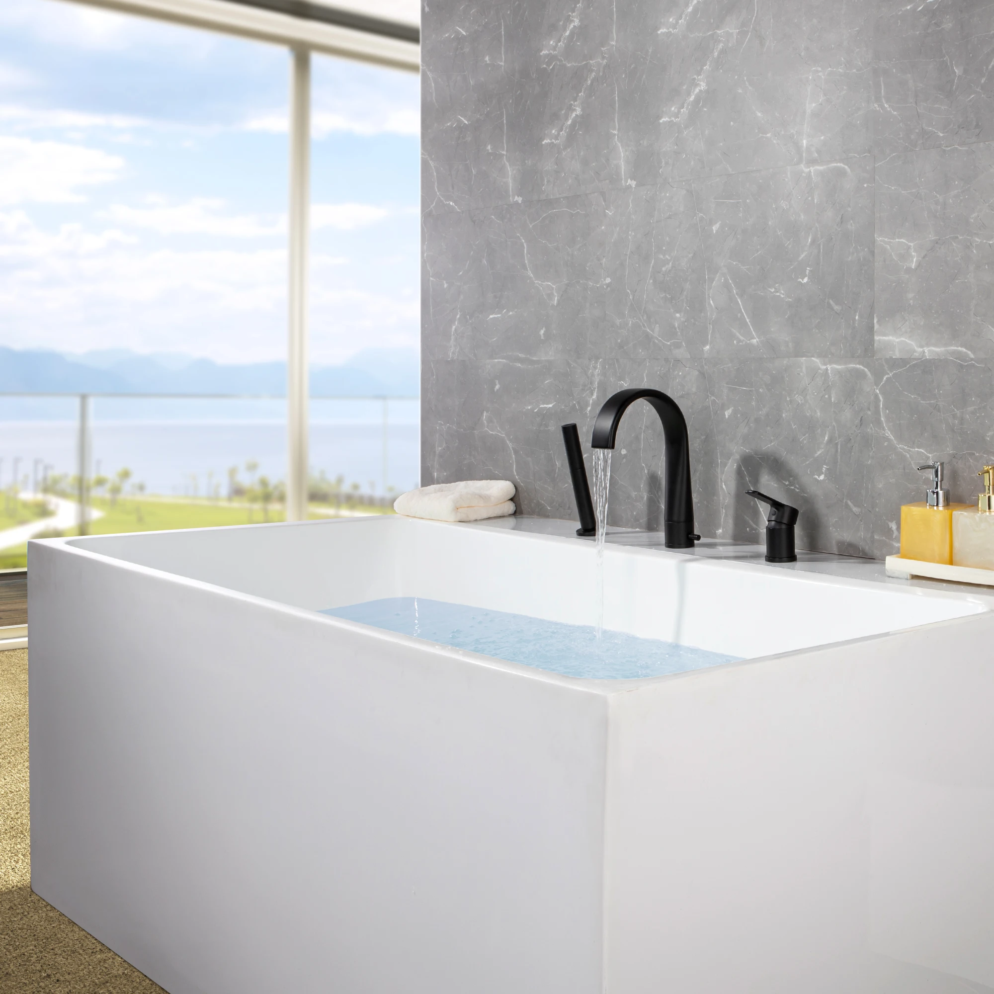 SKOWLL Simple Bathtub Split Faucet Three-Piece Set Waterfall Spout Hot and Cold Water Mixing Pull-Out Dual-Function Handheld