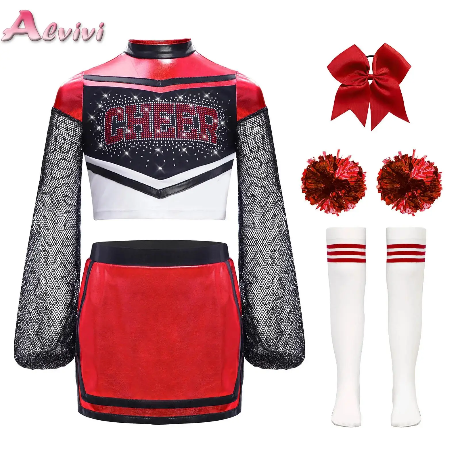 

Kids School Girls Cheerleader Uniforms Long Sleeve Crop Top Skirt Socks Clothes Sets for Children Cheerleading Dance Outfits