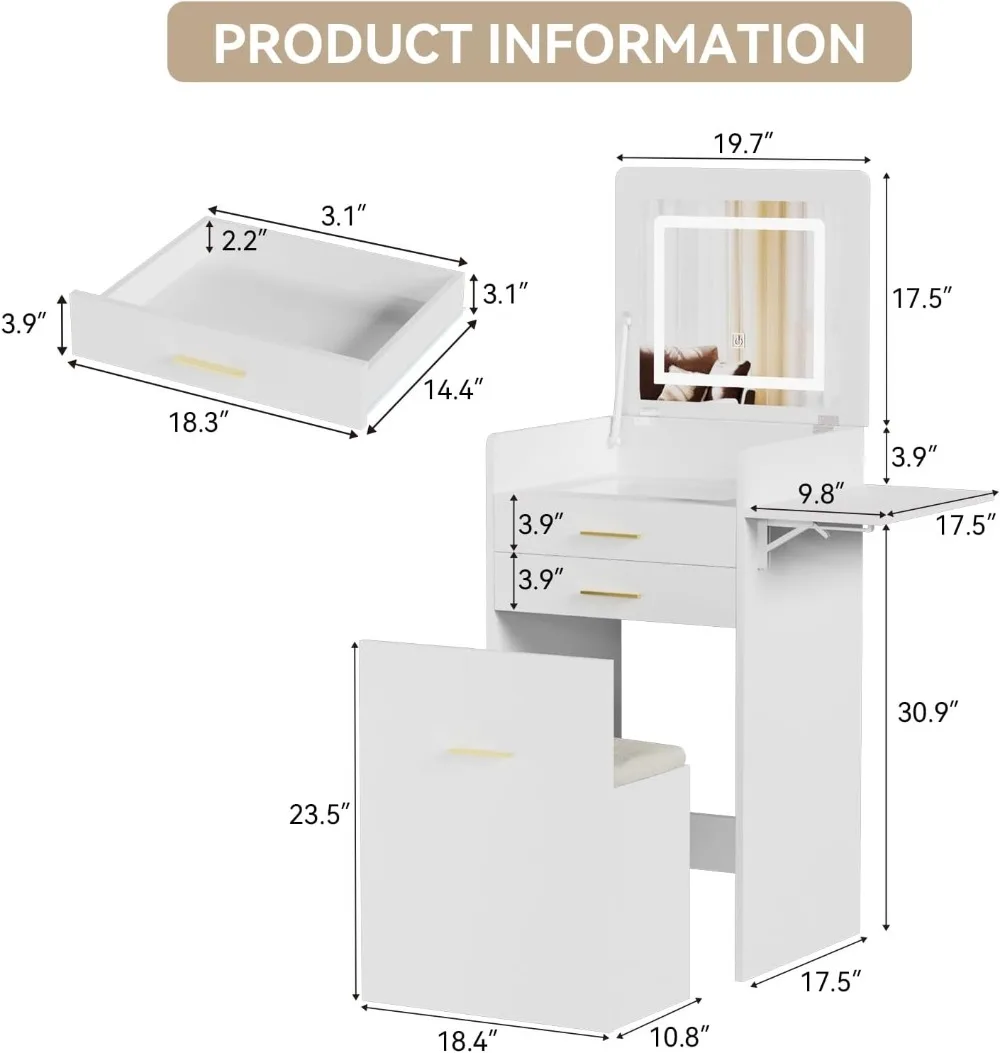 Small Vanity Desk Set with Flip-top Lights and Mirror White Integrated Makeup Table for Small Space Compact Mini Dressing Table