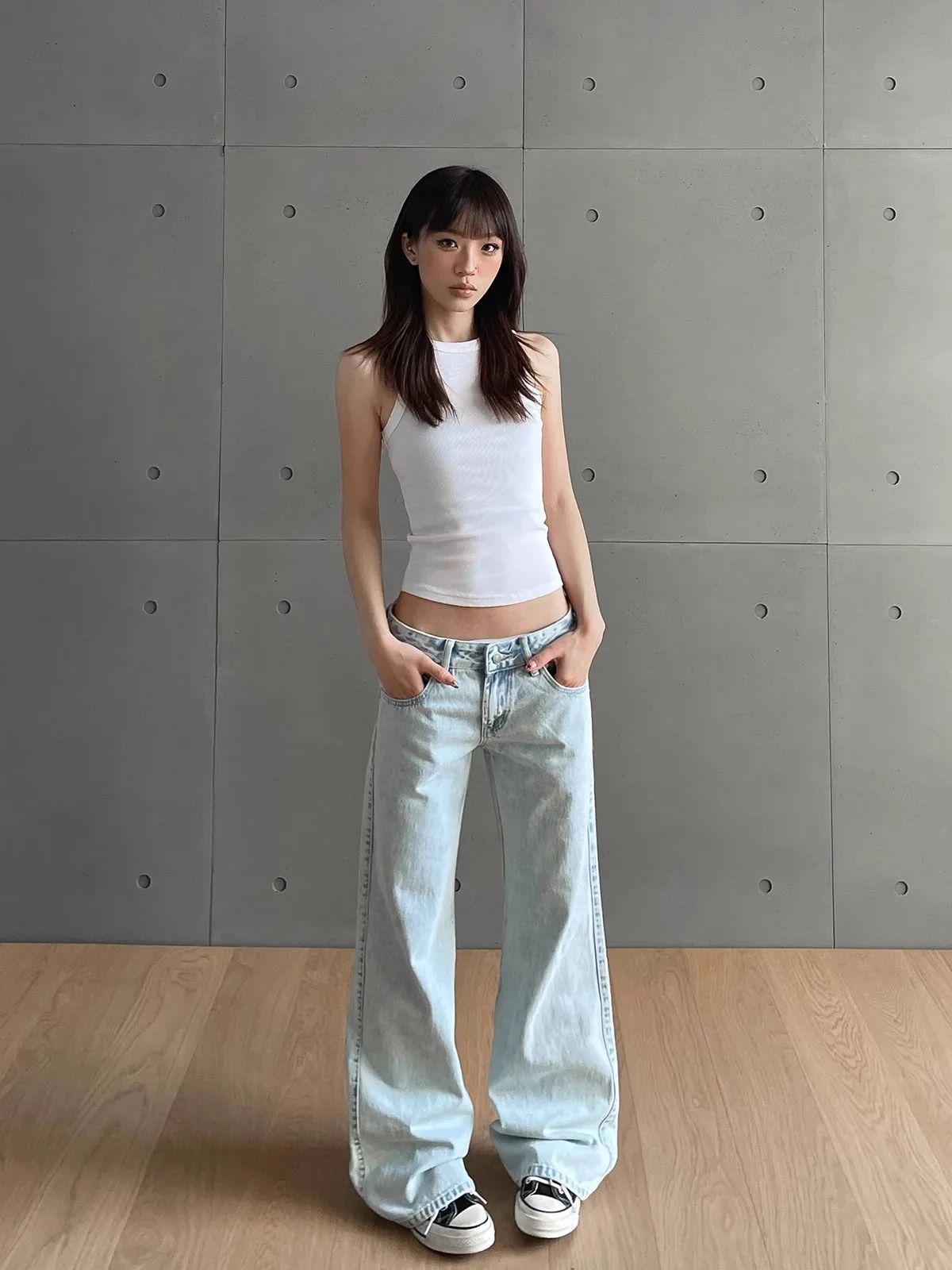 y2k Vintage Damen Jeans Niedrige Taille Reißverschluss Knopf Solide Hose mit Taschen Ästhetische Streetwear Gewaschene Jeans