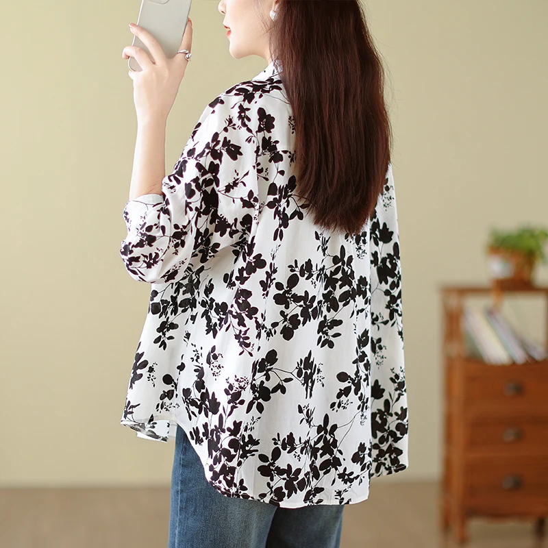 Blusa holgada de manga larga con cuello vuelto para mujer, camisa informal de algodón con estampado de una sola botonadura, novedad de primavera, S07, 2024