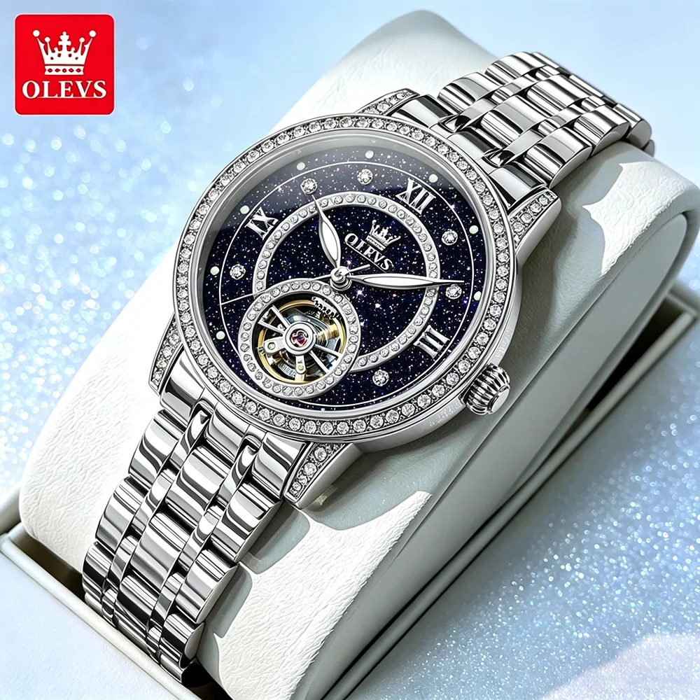 

OLEVS Women Watches Luxury Fashion Deep Blue Starry Sky Dial Original Brand Automatic Mechanical Wristwatch Waterproof Luminous