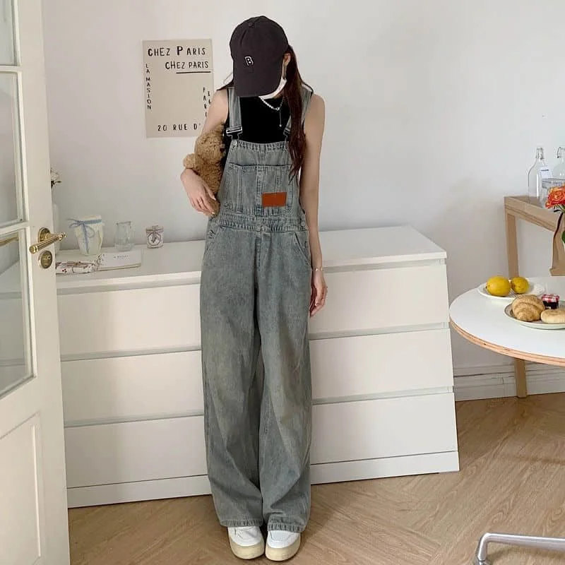 Jumpsuits for Women Harajuku Make Old Denim Full Length Straight Pants One Piece Outfits Women Rompers Casual Vintage Playsuits