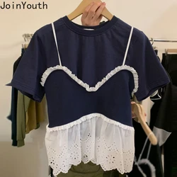 Fashion Two Piece Sets Women's Clothing O-neck Short Sleeve Crop Tshirts Patchwork Lace Vest Outfits Casual Korean Summer Suit