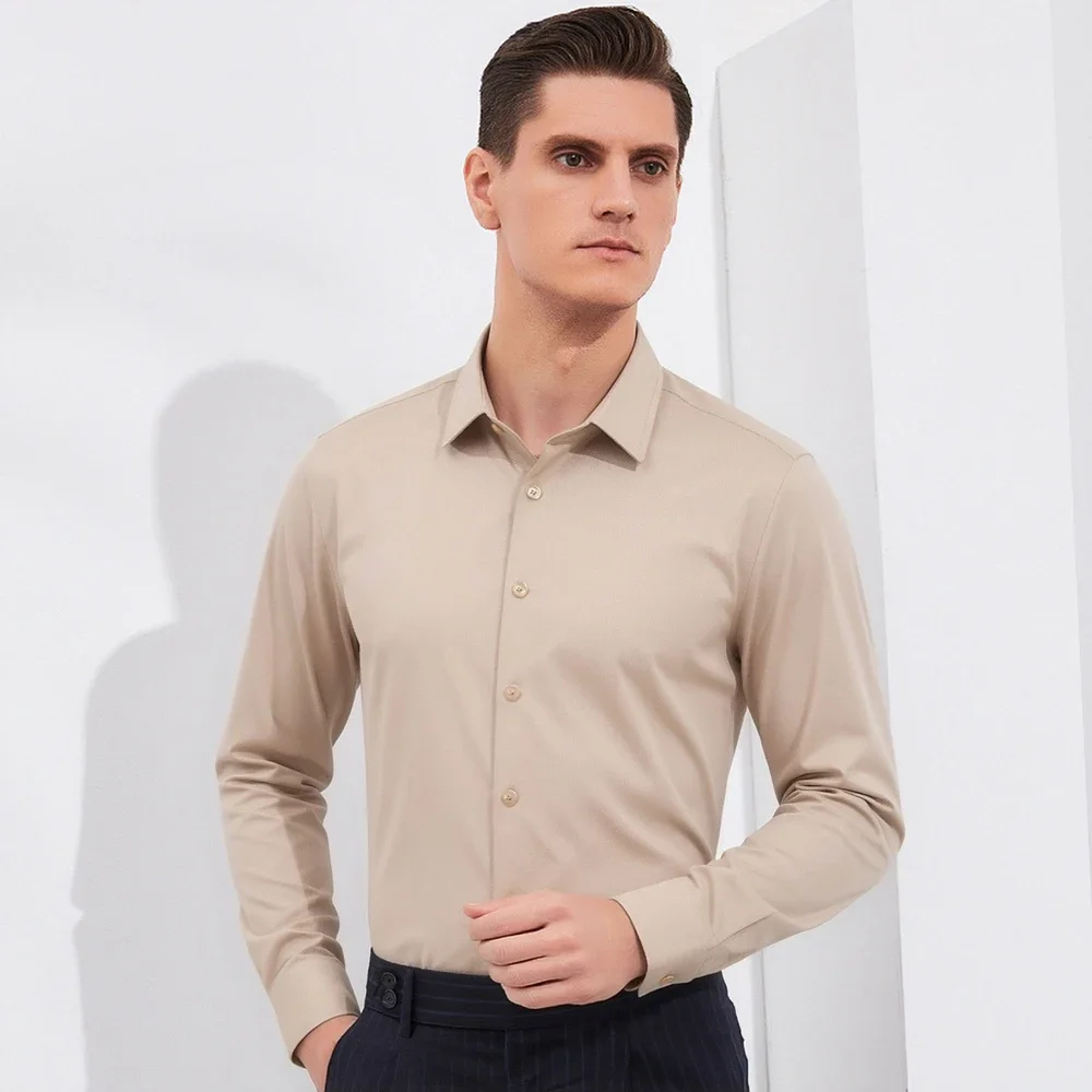 Men's 4 Way Stretch Dress Shirts Wrinkle Free Silk Like Formal Long Sleeve Slim Fit Button Down Business Attire