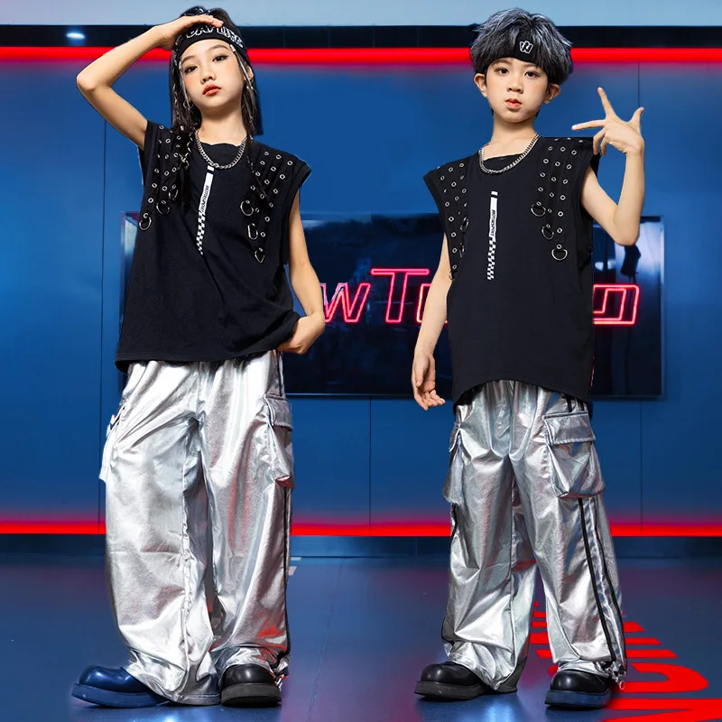Meninos e meninas trajes de metal rock, ternos de rua infantil, show de hip hop, estilo cool, europeu e americano