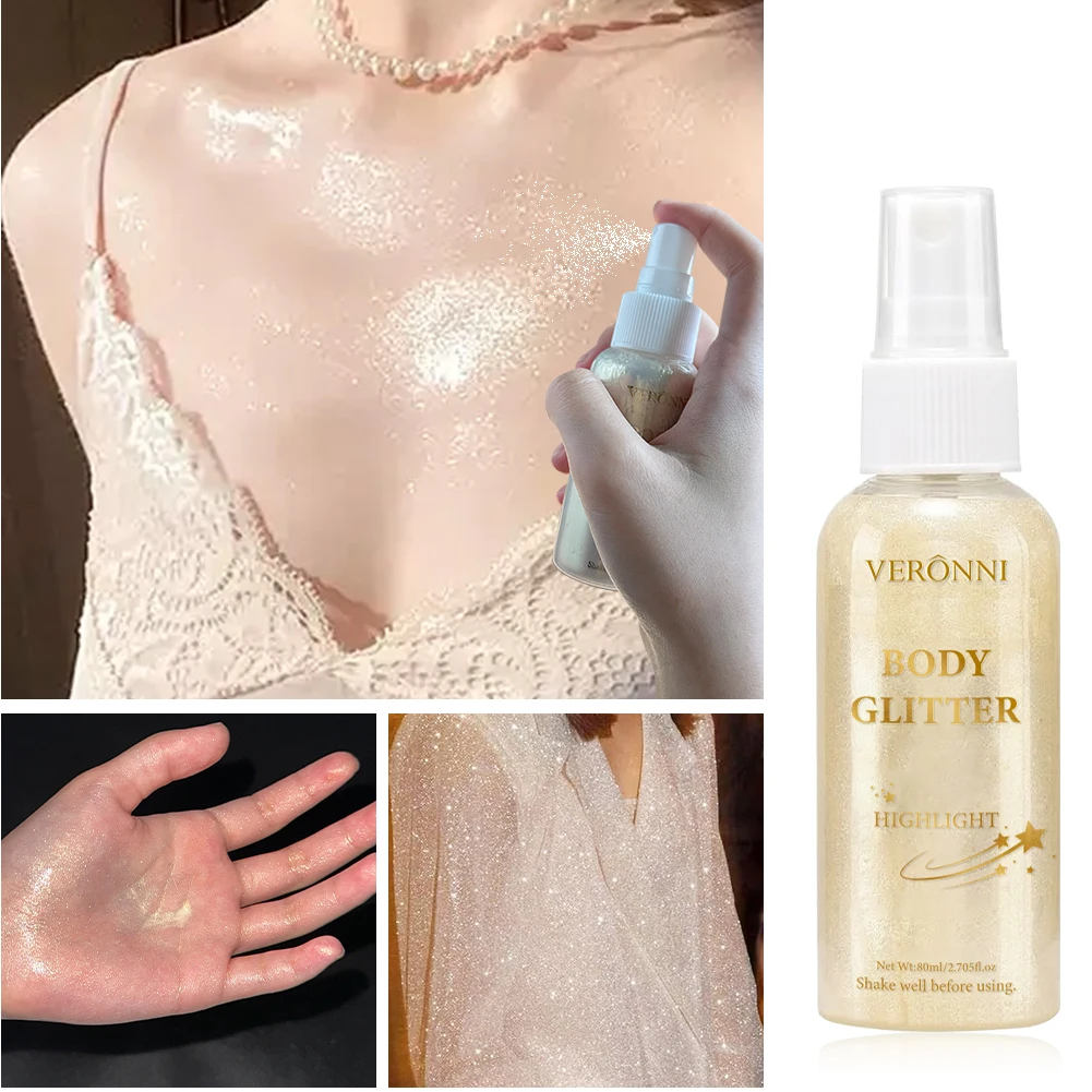 رذاذ لامع متوهج، منظف الجسم السائل المقاوم للماء مع مكياج لامع للوجه والجسم، يدوم طويلاً للمهرجان