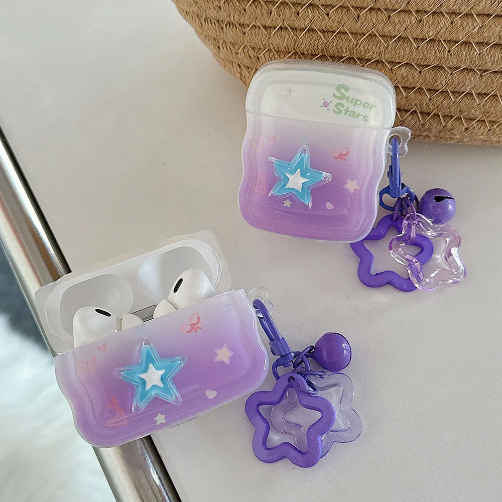 Case for Apple Airpods 1 2 3 Pro 2 Gradient Purple 3D Star Bell Pendant Ornament Fundas Wavy Bluetooth Earphone Shockproof Coque