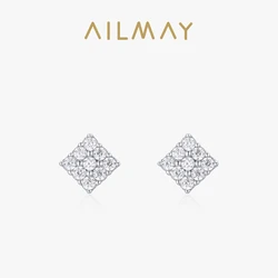 Ailmay Real 925 Sterling Silver Shining Zircon Square Stud Earrings For Women Wedding Engagement Fine Jewelry Gift