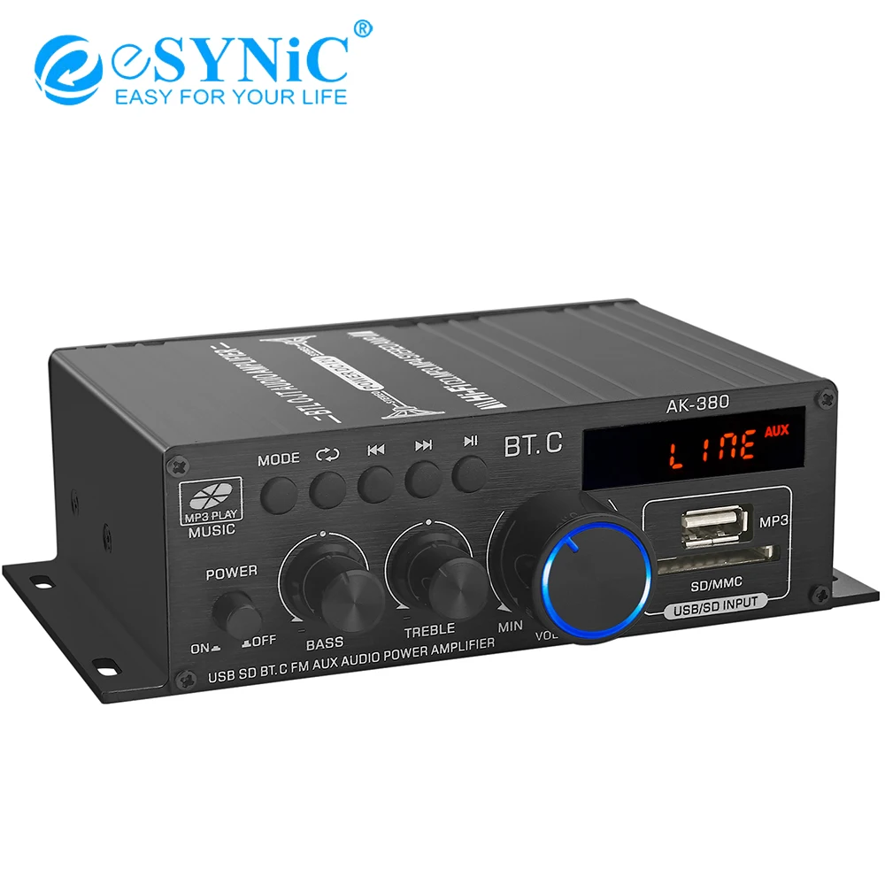 

eSYNiC AK-380 Mini Audio Power Amplifier 2.0 CH Bluetooth-compatible 5.0 Receiver Bass & Treble Control Music Player Sound Amp