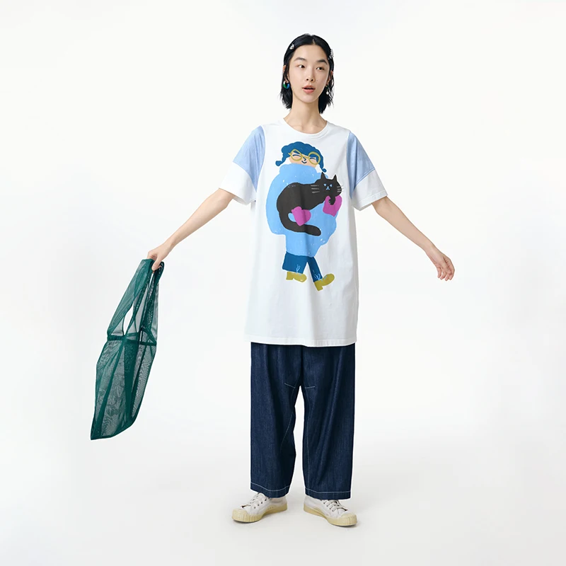MOVEUP Short Sleeves Round Neck T-Shirt 2026 Summer New Fun Contrasting Cartoon Print Patchwork Casual Top For Women 325210403