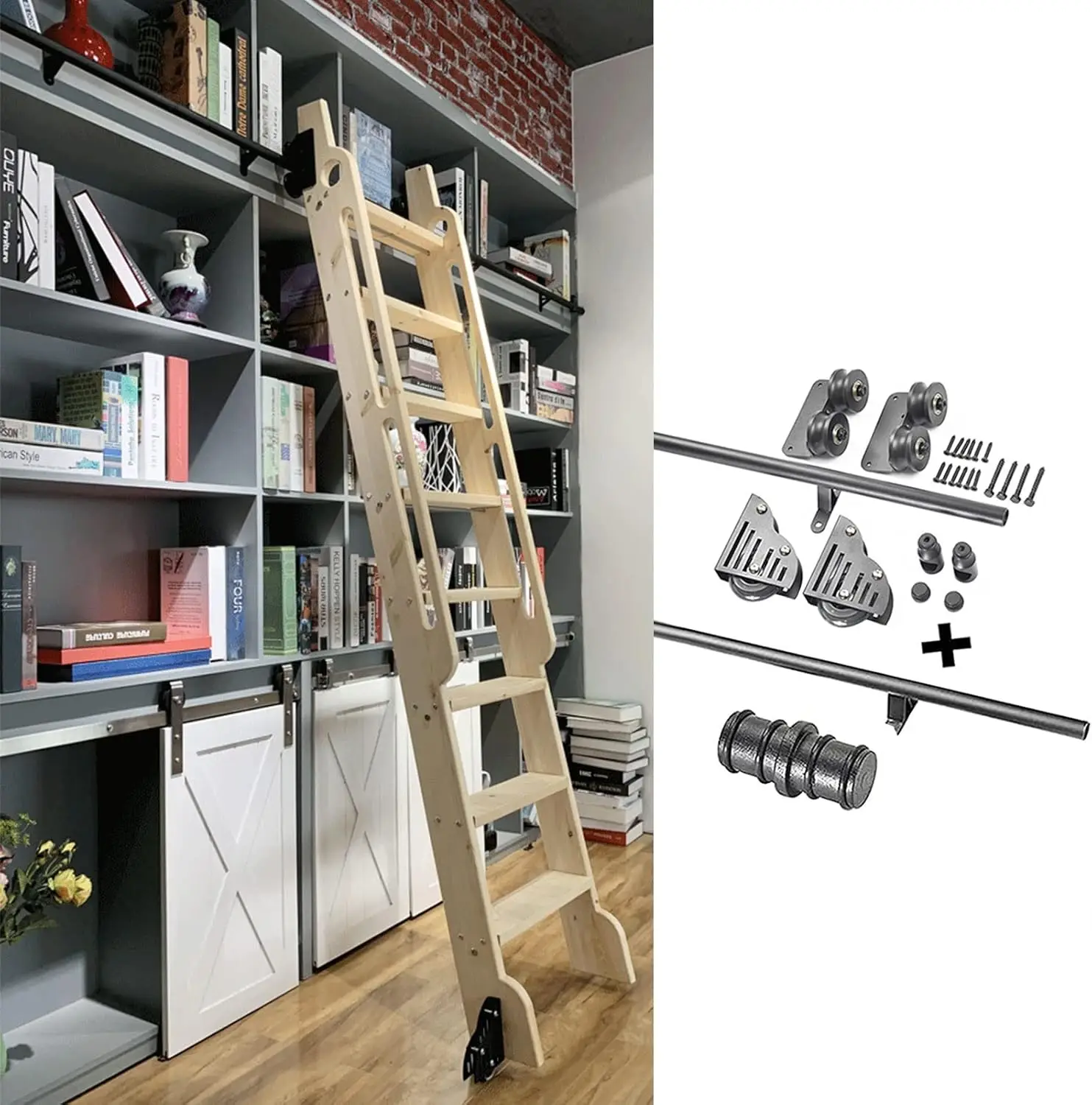 Sliding Barn Door Kit 3.3Ft-20Ft Sliding Ladder Library Full Set Hardware Rolling Track(No Ladder), With Floor Roller Wheels