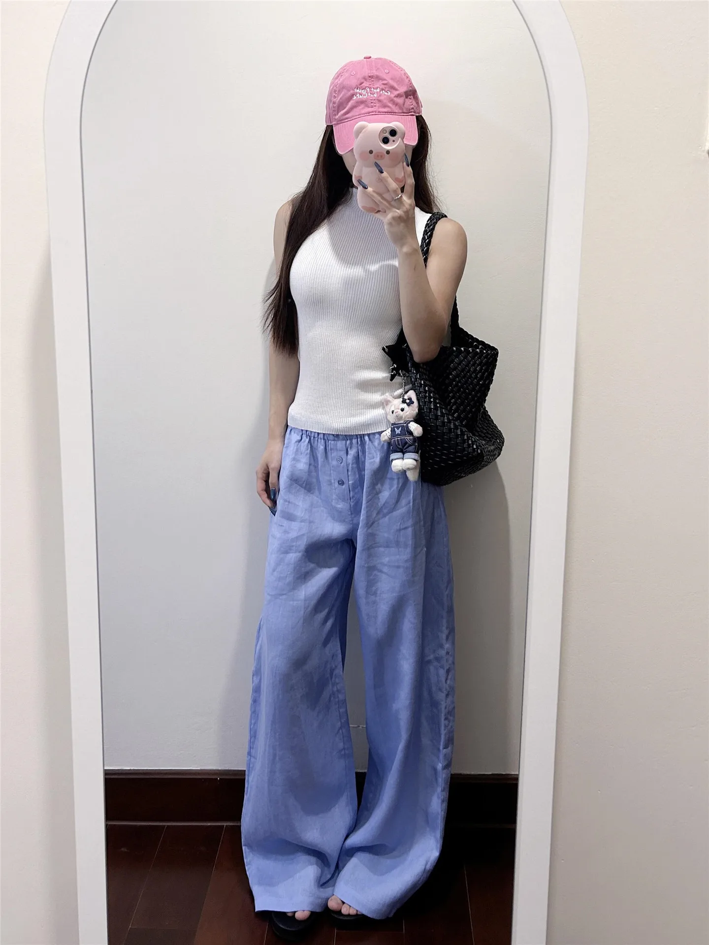 

Extended Length Blue Low Waist Linen Casual Pants Women Summer Thin Loose Slimming Wide Leg Pants Casual Straight Cut Trousers