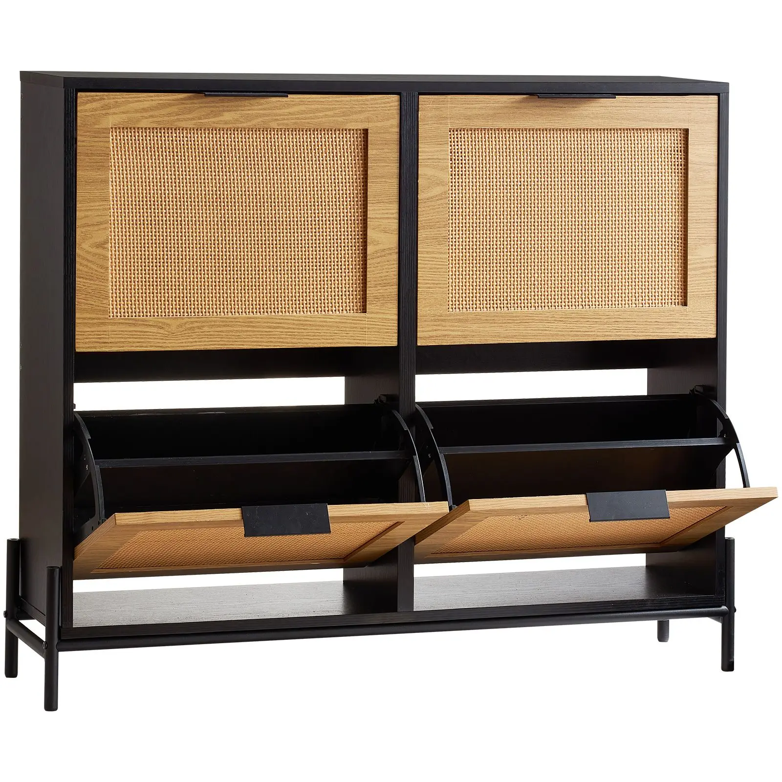 Rattan Shoe Cabinet, Narrow Shoe Storage Organizer with 4 Flip Drawers, Slim Shoe Entryway Storage Cabinet with Metal Legs, Idea