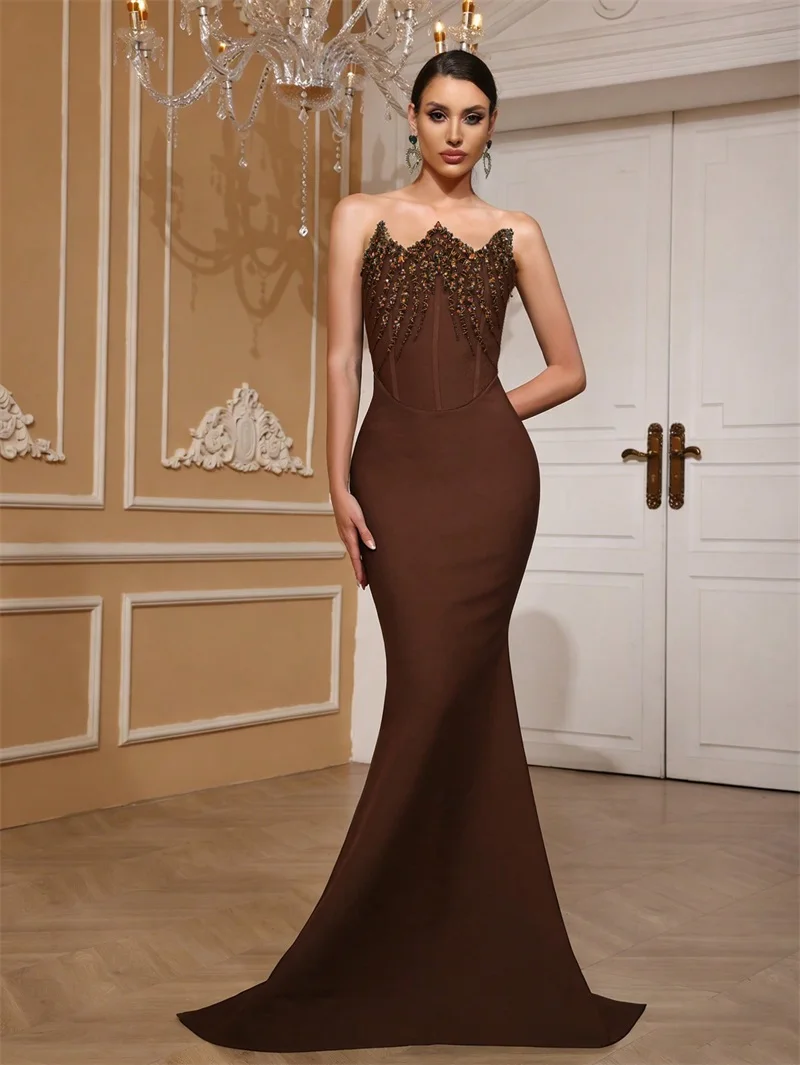 Crystals Brown Prom Dress Sexy Strapless Sleeveless Lace Up Back Long Party Gown Formal Wedding Guest Birthday Evening Robe