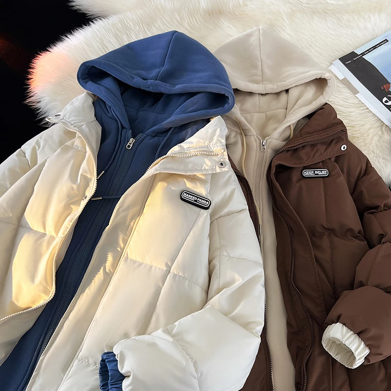 

Men's Winter Thiened Warm Cotton Jaet Fake Two-Piece Lightweight down Hooded Casual Youth Faionable Coat Zipper Closure