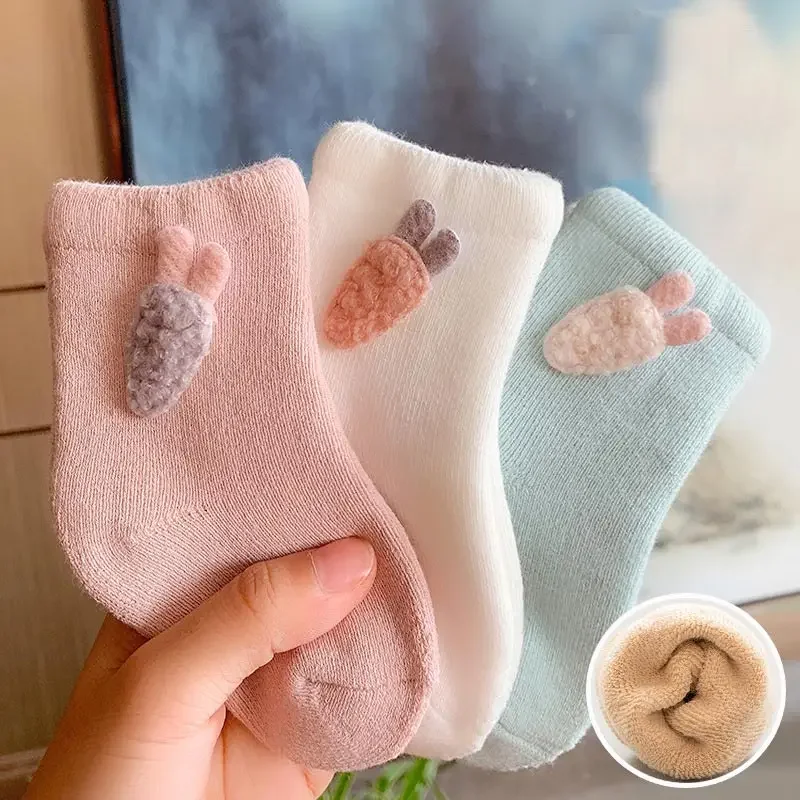 1Pair Winter Plush Baby Socks Cute Cartoon Bear Rabbit Newborn Short Sock Solid Color Thicken Warm Infant Terry Socks Sox