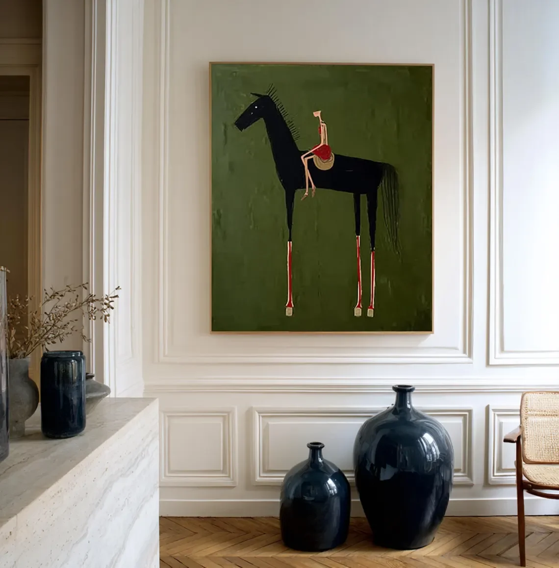 Horse Art Neutral Home Decor Painting Large Green Minimalist Canvas Brown Abstract Horse Rider Figure Painting Vintage Equestria - view 6
