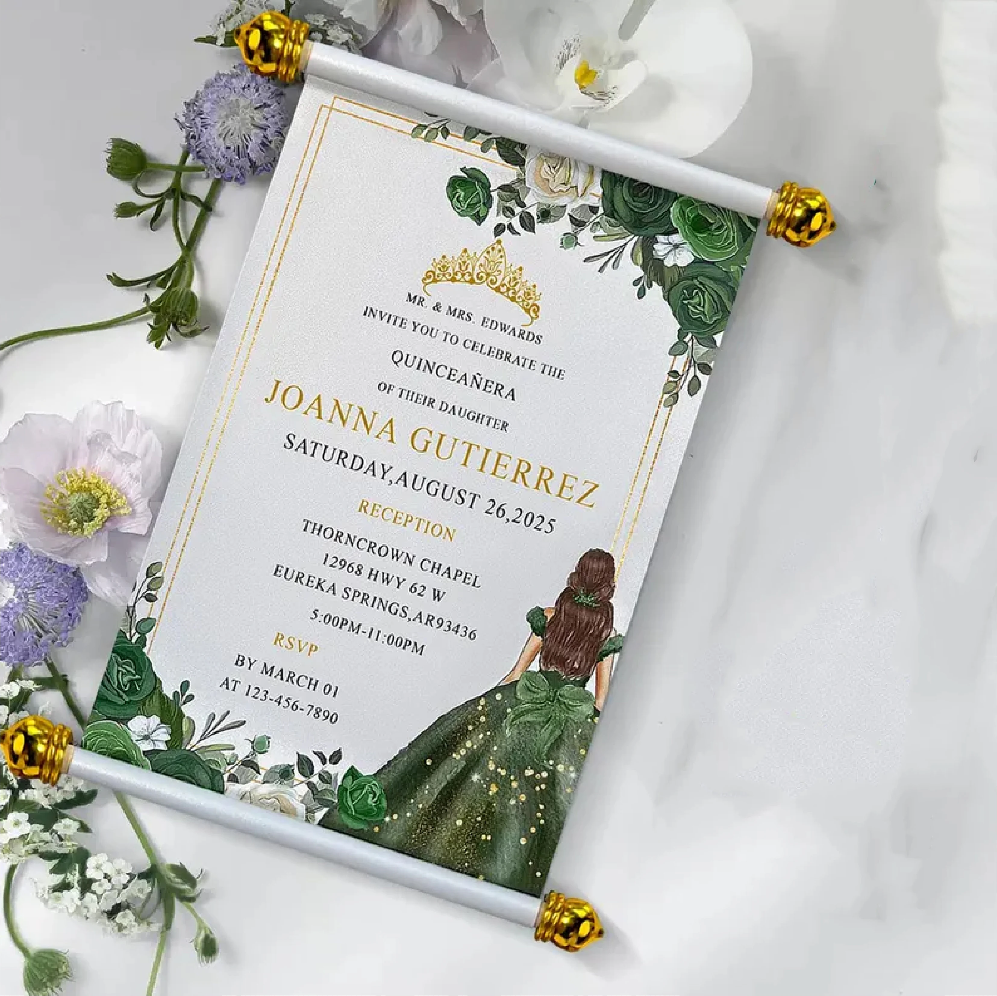 30 Stück Gold- und Grünrollen-Quinceanera-Einladungen, individueller Druck, Hochzeitseinladung