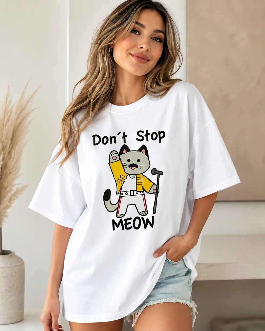“Don't Stop Meow Women T-Shirt – Funny Cat Print T-Shirt for Women, Retro, Music, Cartoon, Casual, Short-Sleeve, Fashionable Top