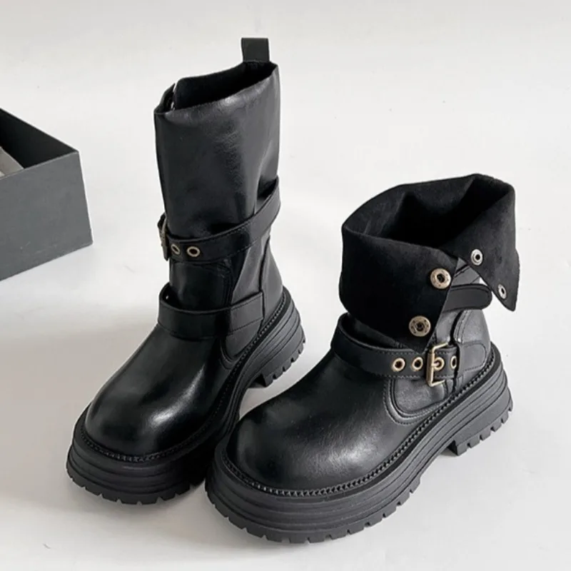 

2025 Winter Mid Heels Women Buckle Ankle Boots Fashion Classical Shoes New Platform Luxury Short Boots Elegant Zapatillas Mujer