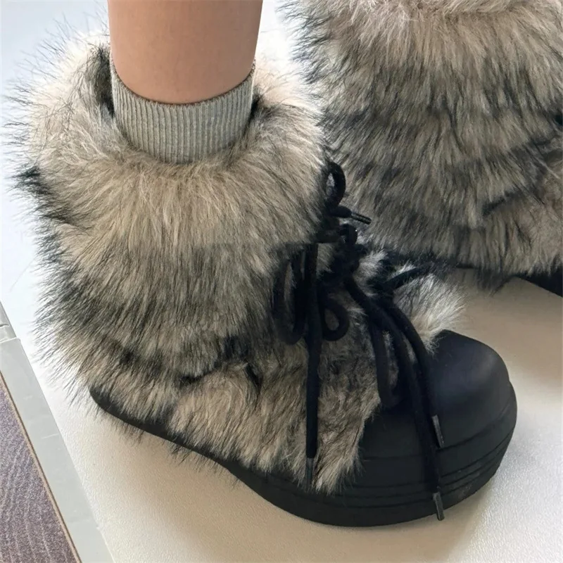 Botas de nieve de cabeza grande con parte inferior gruesa para mujer, botines informales de piel, botas cortas de lana interior, suela de goma, punta redonda de alta ayuda