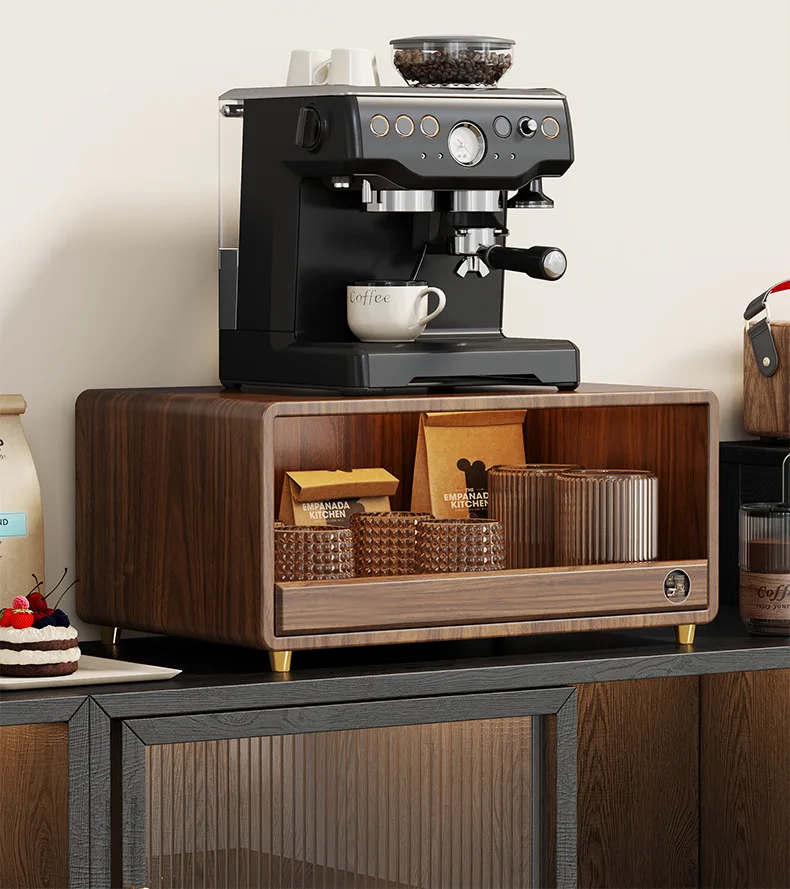 Walnut colored imported solid wood kitchen storage shelf, high-quality dining table cabinet, coffee machine storage cabinet