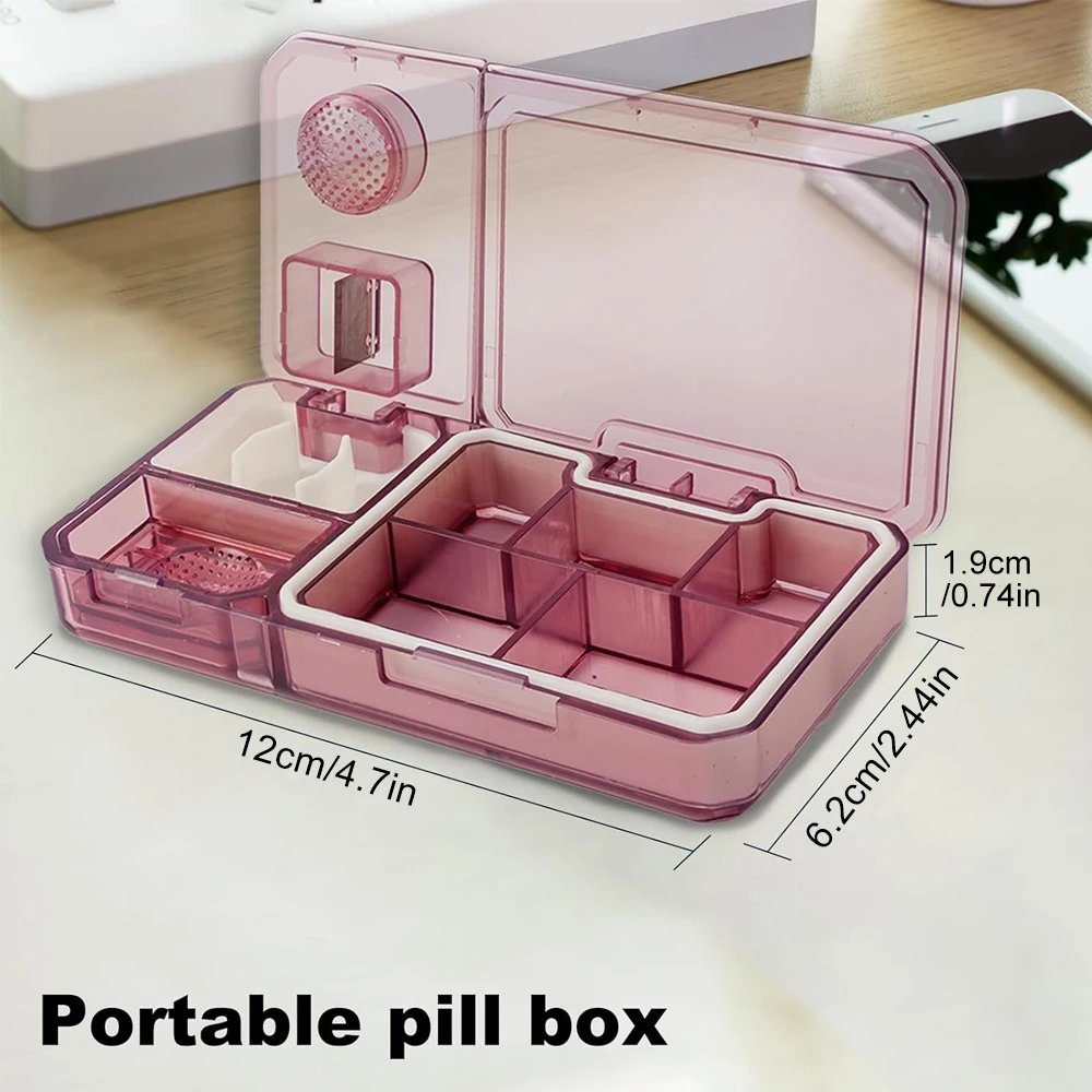 Portable Pill Box with Pill Cutter and Crusher, Multifunctional Medicine Organizer, Small Vitamin Dispenser Holder for Travel