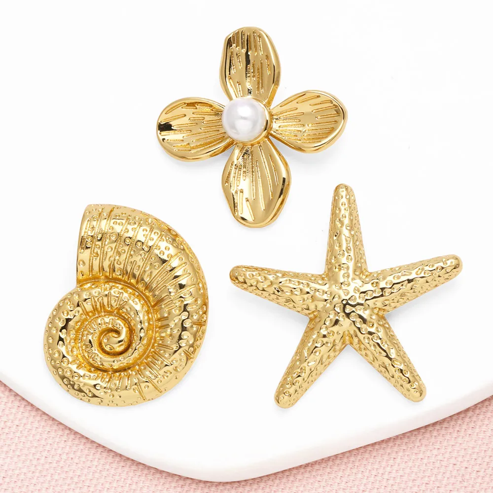 OCESRIO Trendy Pearl Flower Pendant for Necklaces Copper Gold Plated Starfish Conch Handmade Jewelry Making Component pdtb727