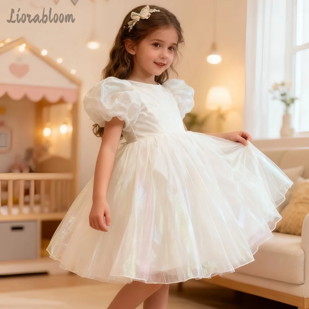 Girls' White Dress Puff Sleeve Flower Girl Gown Wedding Attire Girls' Formal Wear Ballet Style Skirt Party Dress