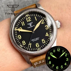 Tandorio 39mm Pilot Men's Watch 200m Dive Automatic Wristwatch NH35A Fluted Bezel Screw Crown Sapphire Glass Leather Luminous