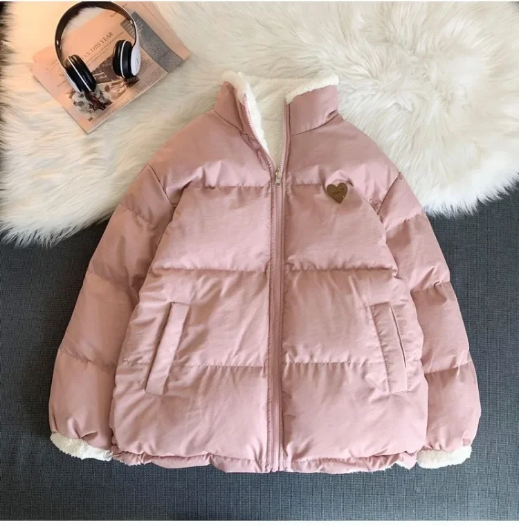 Cute Embroidery Parkas Coat Women Winter Korean Fashion Thick Loose Warm Jacket Double Sided Design Pink Student Clothes