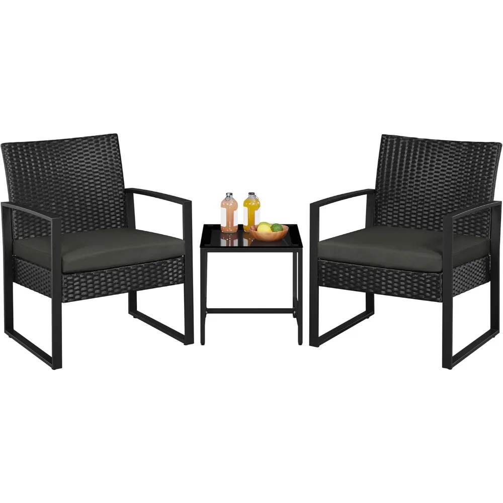 

3 Pieces Rattan Bistro Set, Indoor/Outdoor Wicker Patio Modern Conversation Furniture, 2 Chairs & Tempered Glass Coffee Table f
