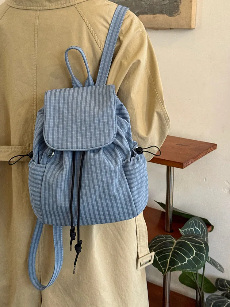 Korean Plaid Drawstring Flip Cover Large Capacity Lightweight Casual Backpack for Commuting Shopping Traveling Versatile Back...