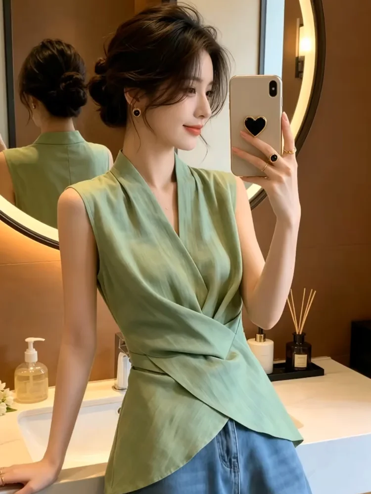 

Green V-Neck Cross Backless Shirt Women's Summer New High Waist Slimming Shirt Top Women's Casual Style Slim Fit Blouse