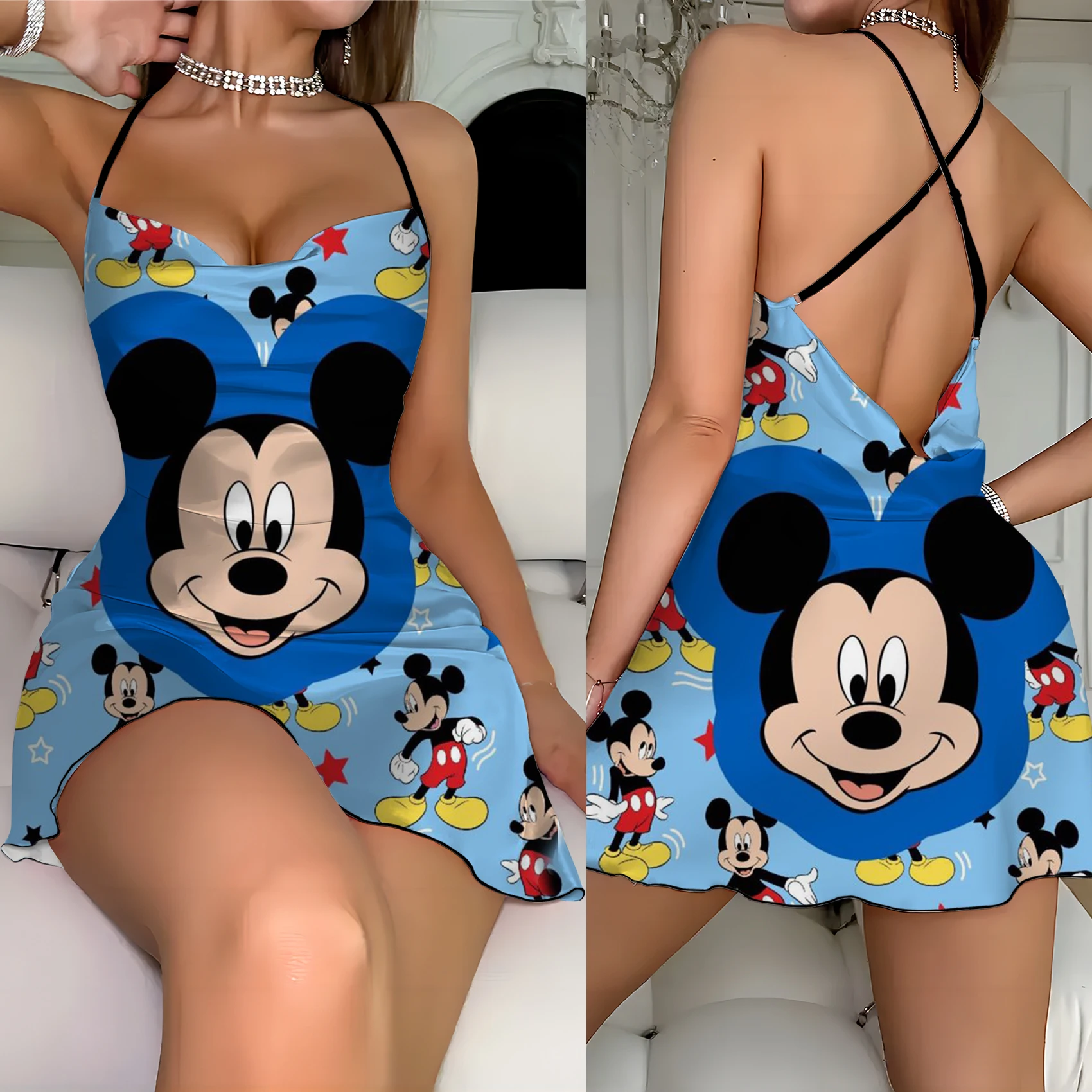 

Lettuce Trim Fashion Summer Dresses 2024 Slip Dress Mickey Crew Neck Minnie Mouse Disney Elegant Women Backless Neck Dress Home