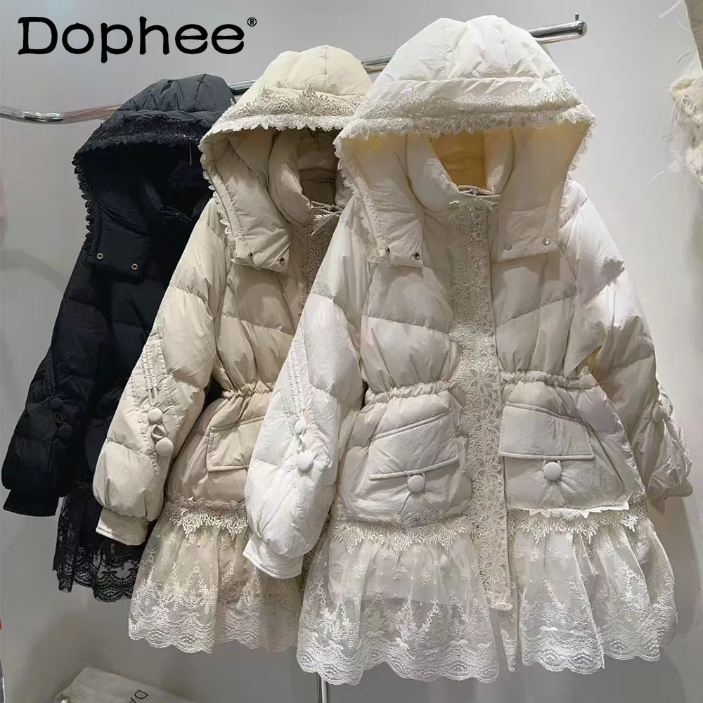 Piumino da donna invernale versione coreana dolce industria pesante pizzo volant bordo giunture piumino d'anatra bianco caldo addensato