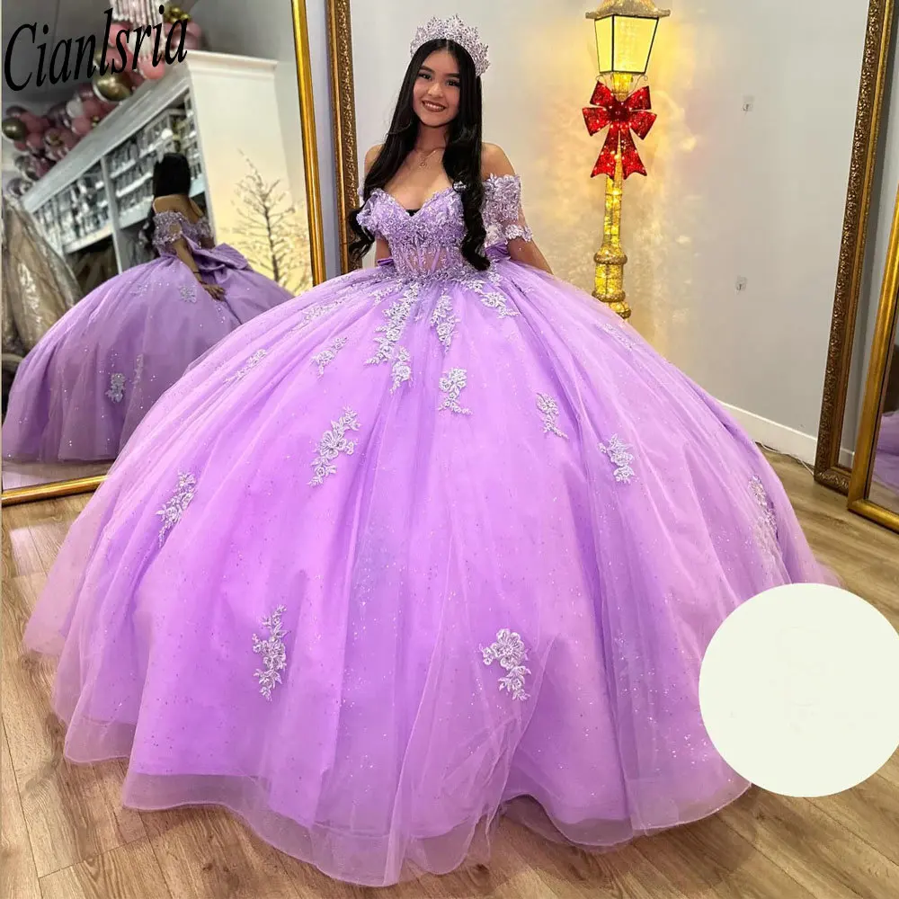 Vestido De baile De quinceañera con apliques De ilusión Lila, vestido De quinceañera sin hombros, corsé De cristal, 15 Años