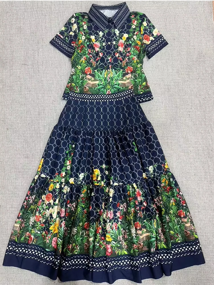 2026 Summer Printed Women's Suit Single-breasted Short-sleeved Bare-bellied Top+High-waisted Pleated Skirt Fashion Two-piece Set image 5