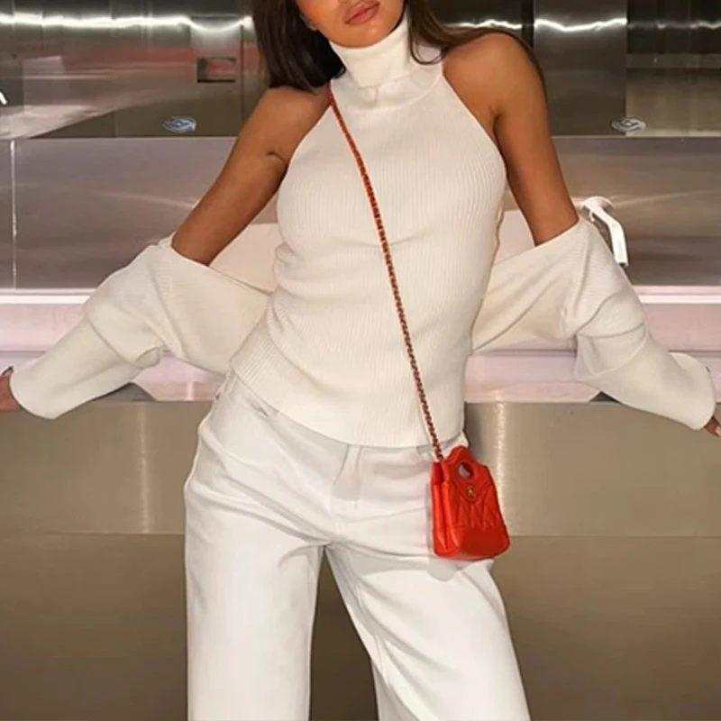 BKLD 2-piece Knit Sweater Set Long-sleeve Short Cardigan Shawl+Halter Turtleneck Sleeveless Backless Vest Chic Casual Streetwear view 2