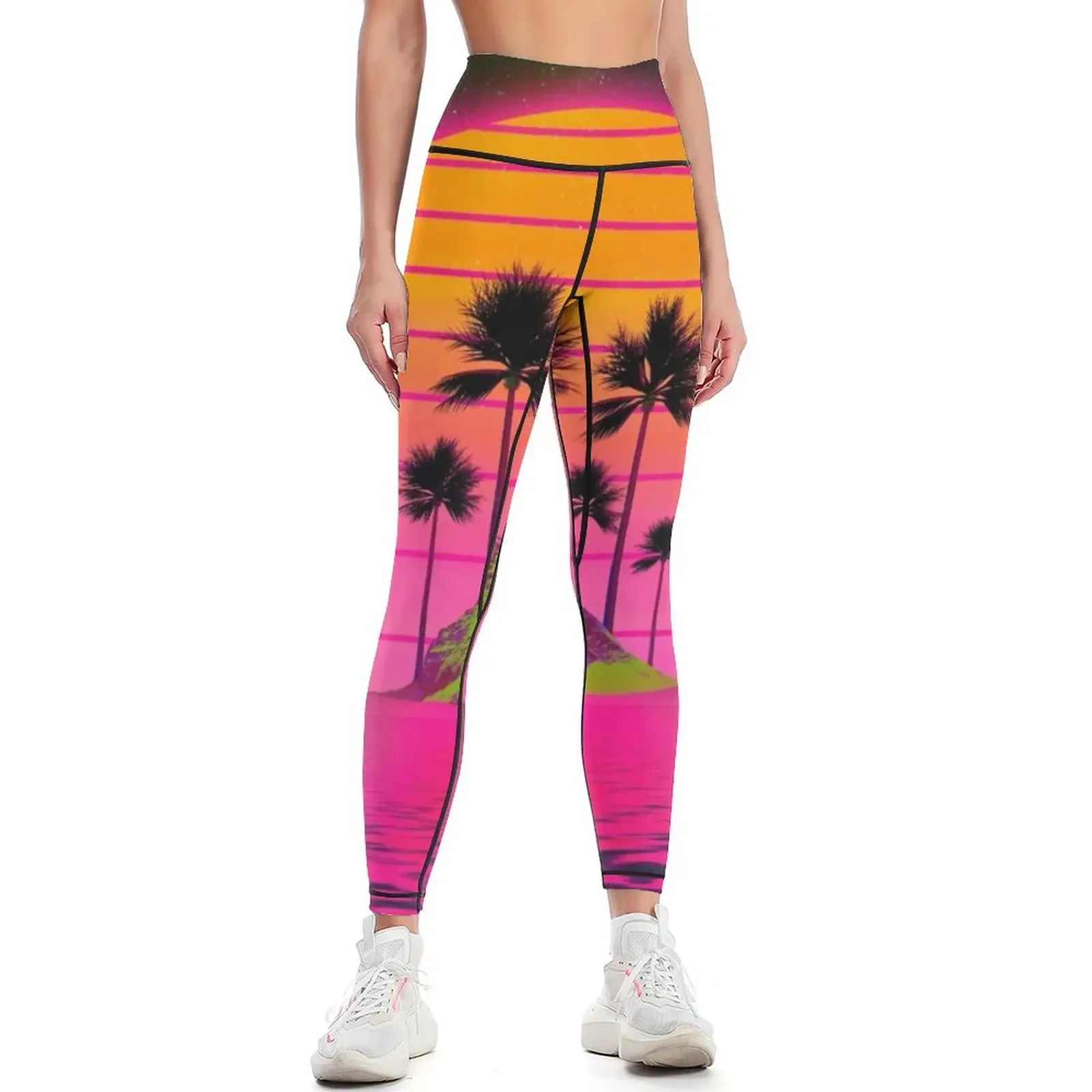 

Synthwave Retro 80s Sunset Beach Island with palms Gift design Leggings for physical sports for Womens Leggings