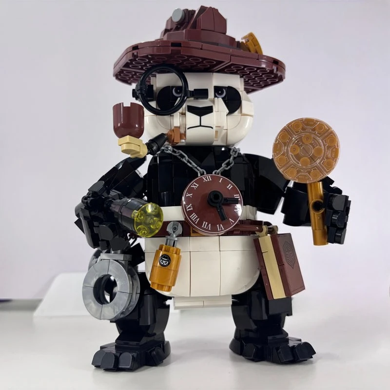 1036PCS Detective Panda Building Blocks Anime Figure Model Cute Animal Bricks Set Creative Holiday Gift Educational Assembly Toy