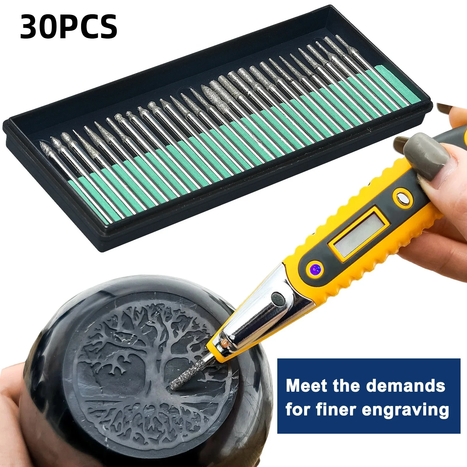 Conjunto de 30 Brocas Diamantadas com Haste de 3mm para Ferramentas Rotativas Dremel, Kit de Brocas para Retificação e Gravação para Vidro, Pedra, Cerâmica e Metal