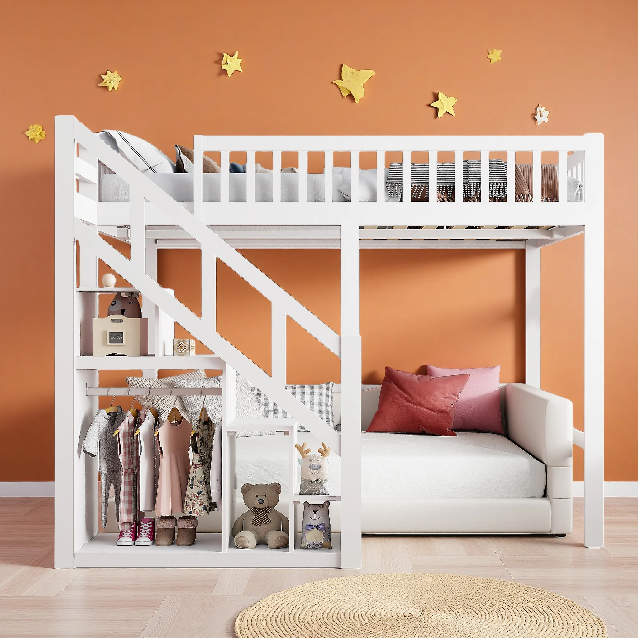 Lit superposé Superaly pour 2 personnes, lit pour enfants avec escalier de sécurité et espace de rangement, lit pour jeunes gain de place 90/140x200cm, blanc