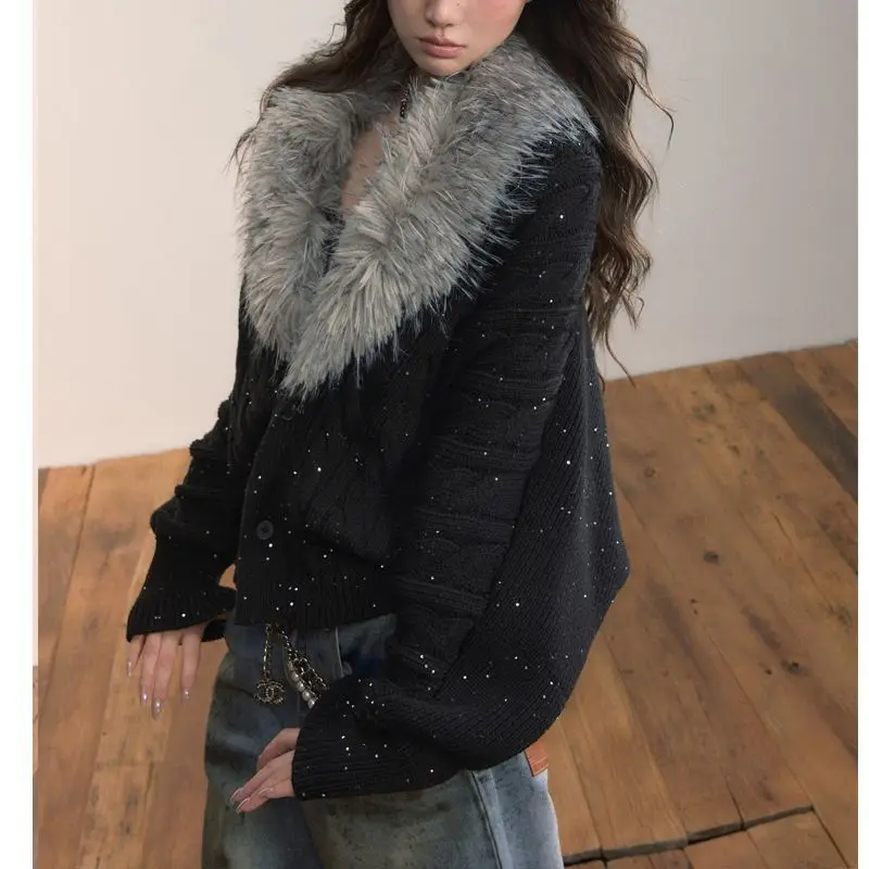 Heavy Industry Autumn and Winter New Design Sequin Stitching Fur Collar Bat Sleeve Loose and Versatile Knitted Cardigan Top