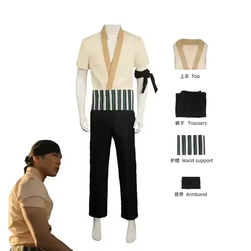 Disfraz de Cosplay de Roronoa Zoro, Versión Realista de Anime, Camisa, Pantalones, Cinturón, para Hombre