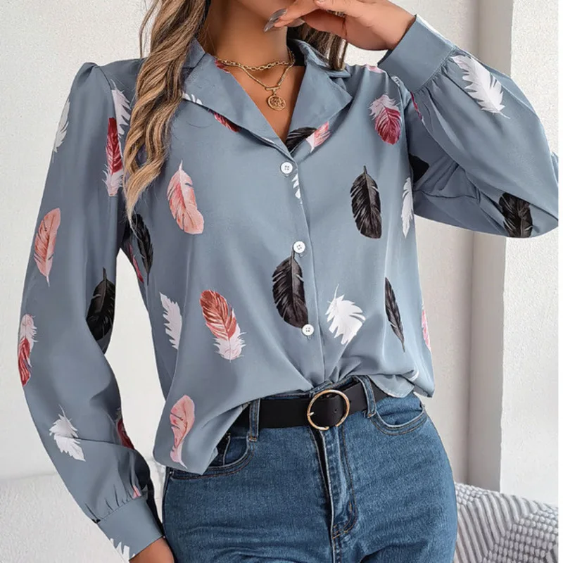 Spring/summer Woman Temperament Feather Print Suit Collar Long Sleeve Shirt Casual Loose Fashion Slimming Ladies Top Suit Shirt