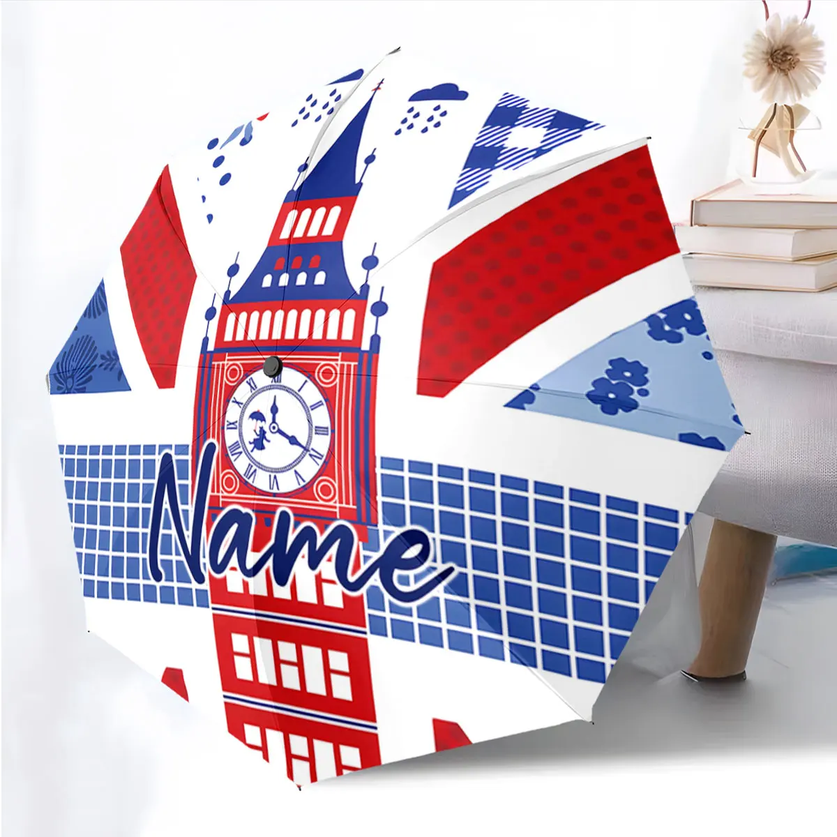 Custom Name Union Jack Themed Umbrella with Big Ben Design Print 8 Iron Ribs Folding Umbrella, Auto-Open Fashion Sunshade