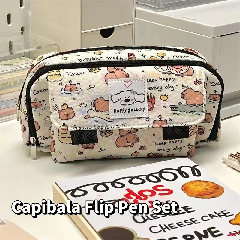 New Portable Cute Capybara Flip Pencil Cases Fashion Cartoon Pencil Pouch Kawaii Stationery Storage Bag Cosmetic Bags Coin Purse